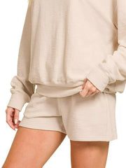 Zenana Slub Long Sleeve Top and Shorts Set Trendsi