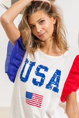 BiBi USA Theme Color Block Organza Ruffle Sleeve Top OutfitFlow
