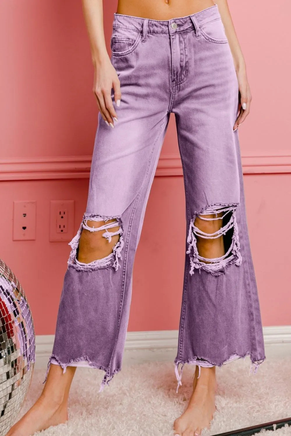 BiBi Distressed Vintage Washed Wide Leg Pants VINTAGE LAVENDER OutfitFlow