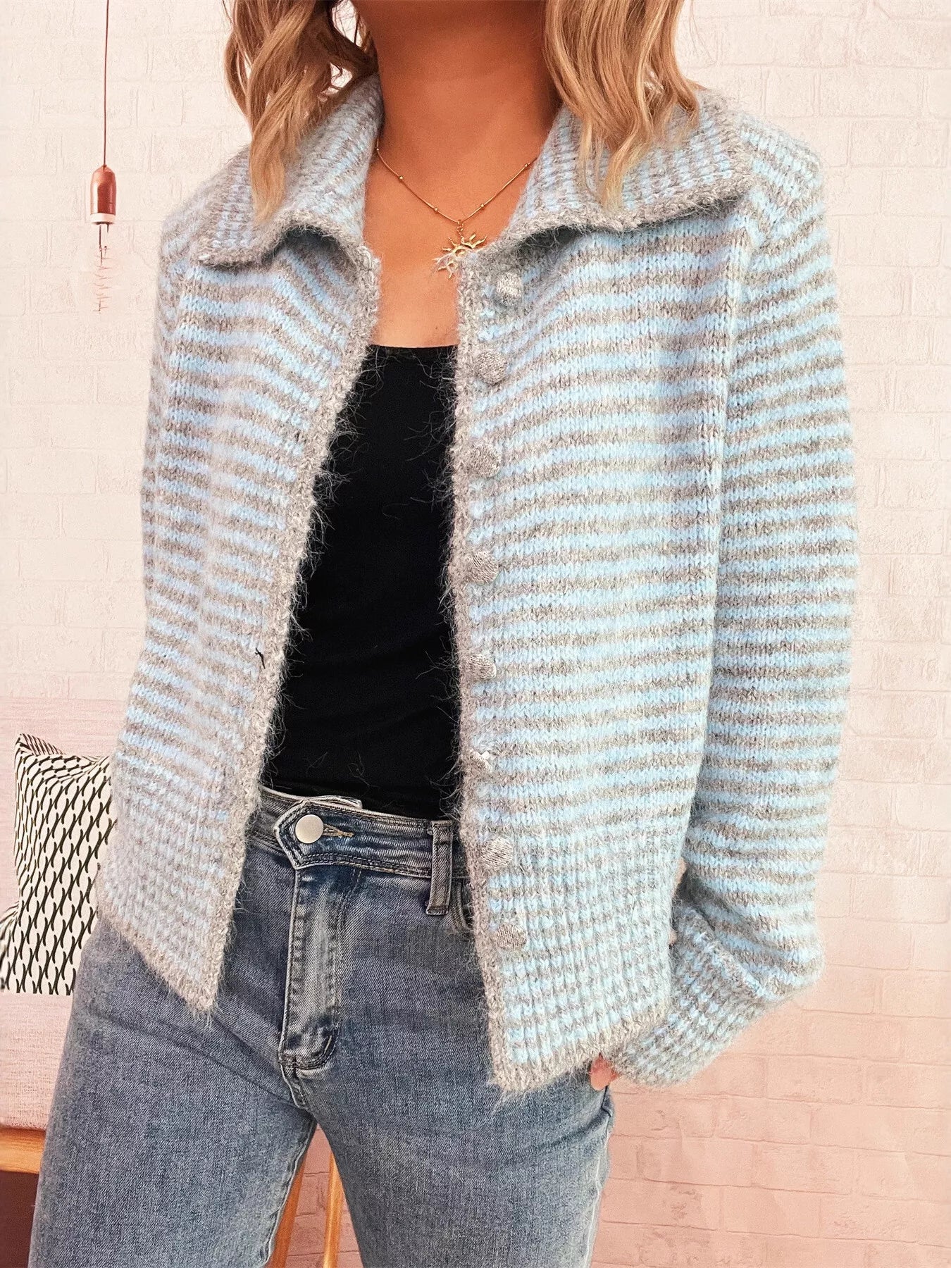 Striped Button-Up Long Sleeve Cardigan OutfitFlow