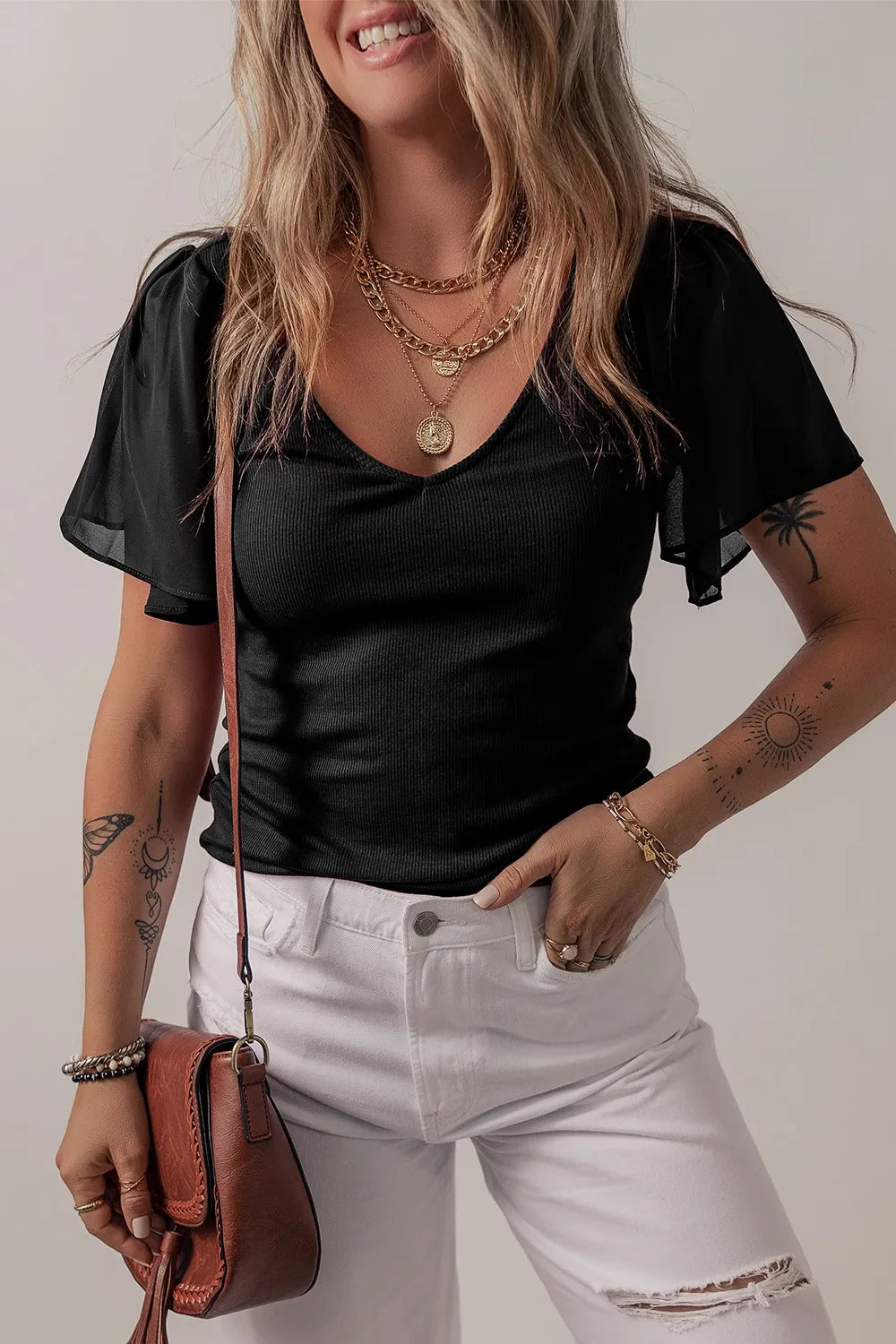 V-Neck Short Sleeve Blouse Black OutfitFlow