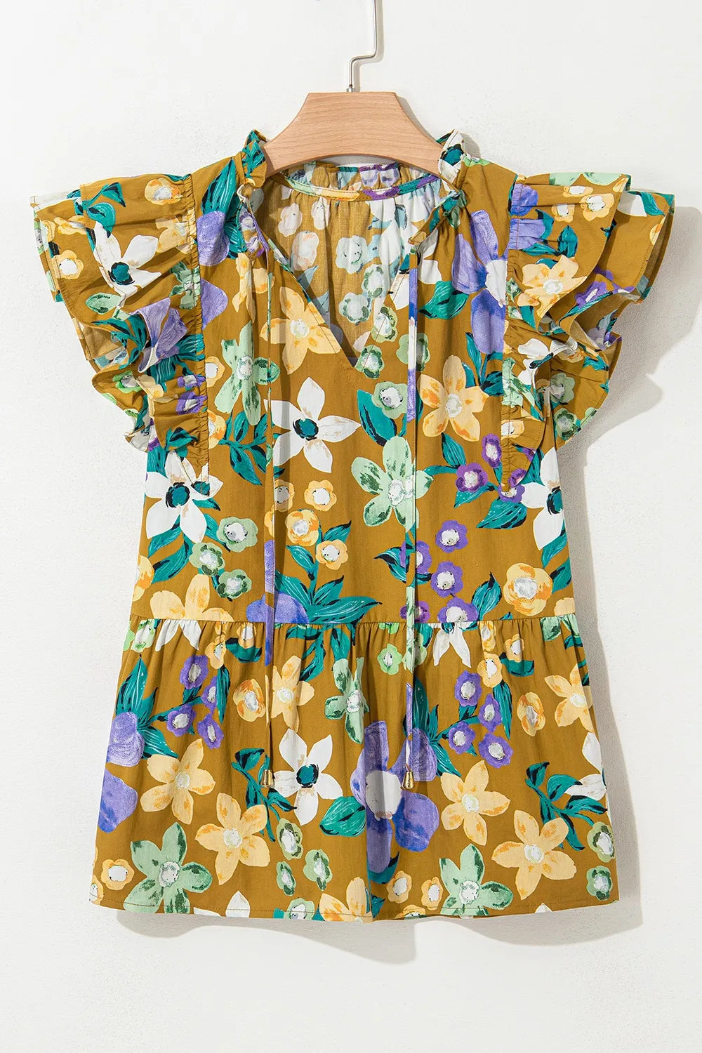 Floral Print Ruffle Cap Sleeve Tie Neck Top OutfitFlow