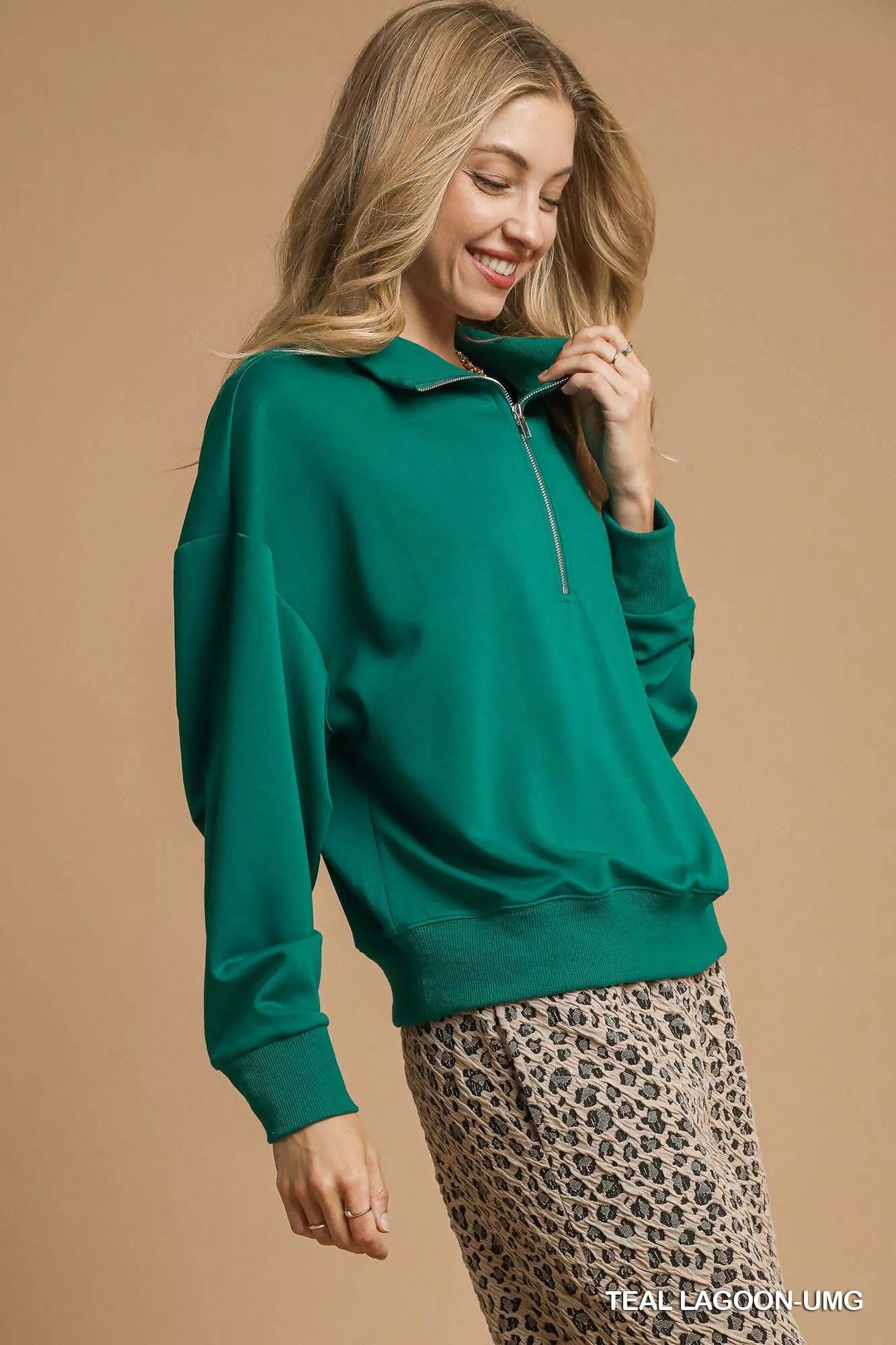 Umgee Half Zip Drop Shoulder Sweatshirt OutfitFlow