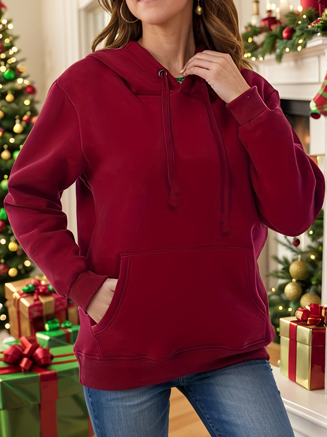 Drawstring Long Sleeve Hoodie with Kangaroo Pocket Rust OutfitFlow