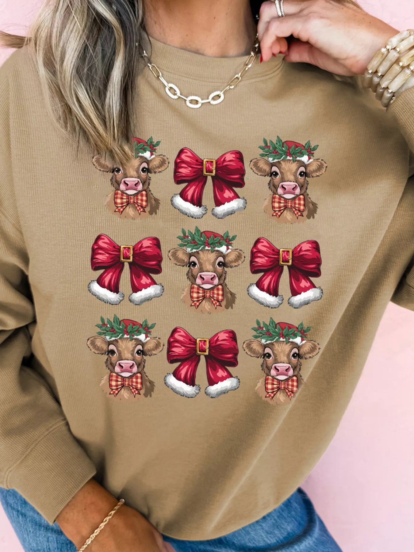 Christmas Heifer Bow Knot Print Casual Sweatshirt OutfitFlow
