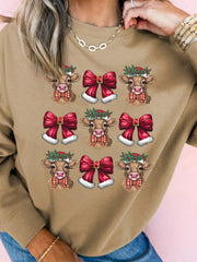 Christmas Heifer Bow Knot Print Casual Sweatshirt OutfitFlow