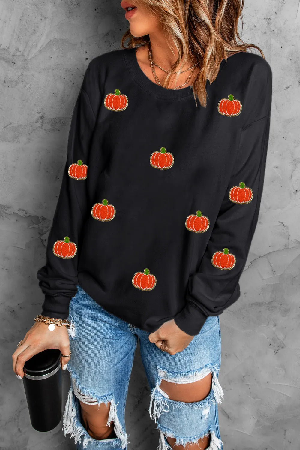 Pumpkin Round Neck Long Sleeve Sweatshirt Black OutfitFlow