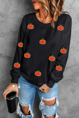 Pumpkin Round Neck Long Sleeve Sweatshirt Black OutfitFlow