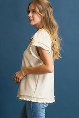 Umgee Frill Hem Half-Zip Collared Blouse OutfitFlow