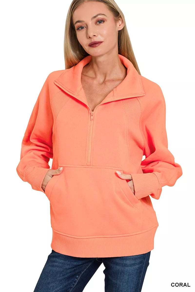 Zenana Half Zip Fleece Sweatshirt with kangaroo Pocket CORAL OutfitFlow