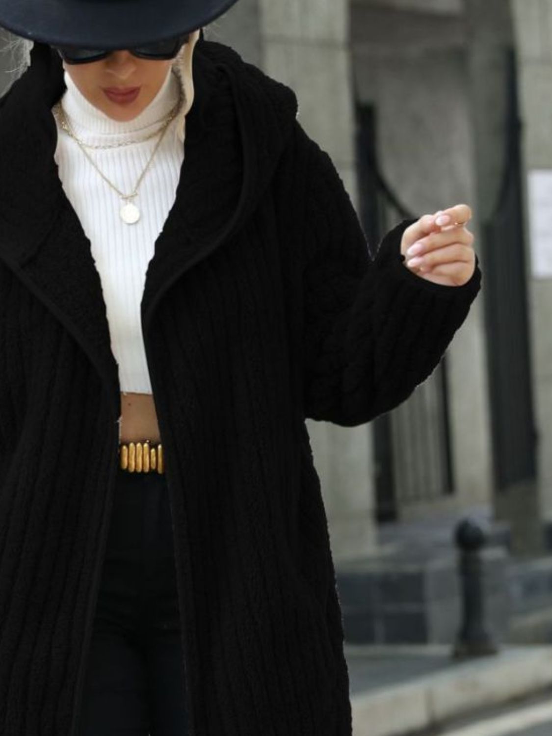 Open Front Ribbed Hooded Coat Trendsi