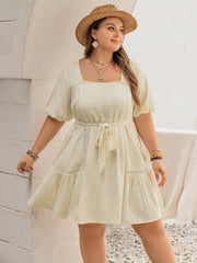 Plus Size Lace Detail Square Neck Puff Sleeve Mini Dress Beige OutfitFlow