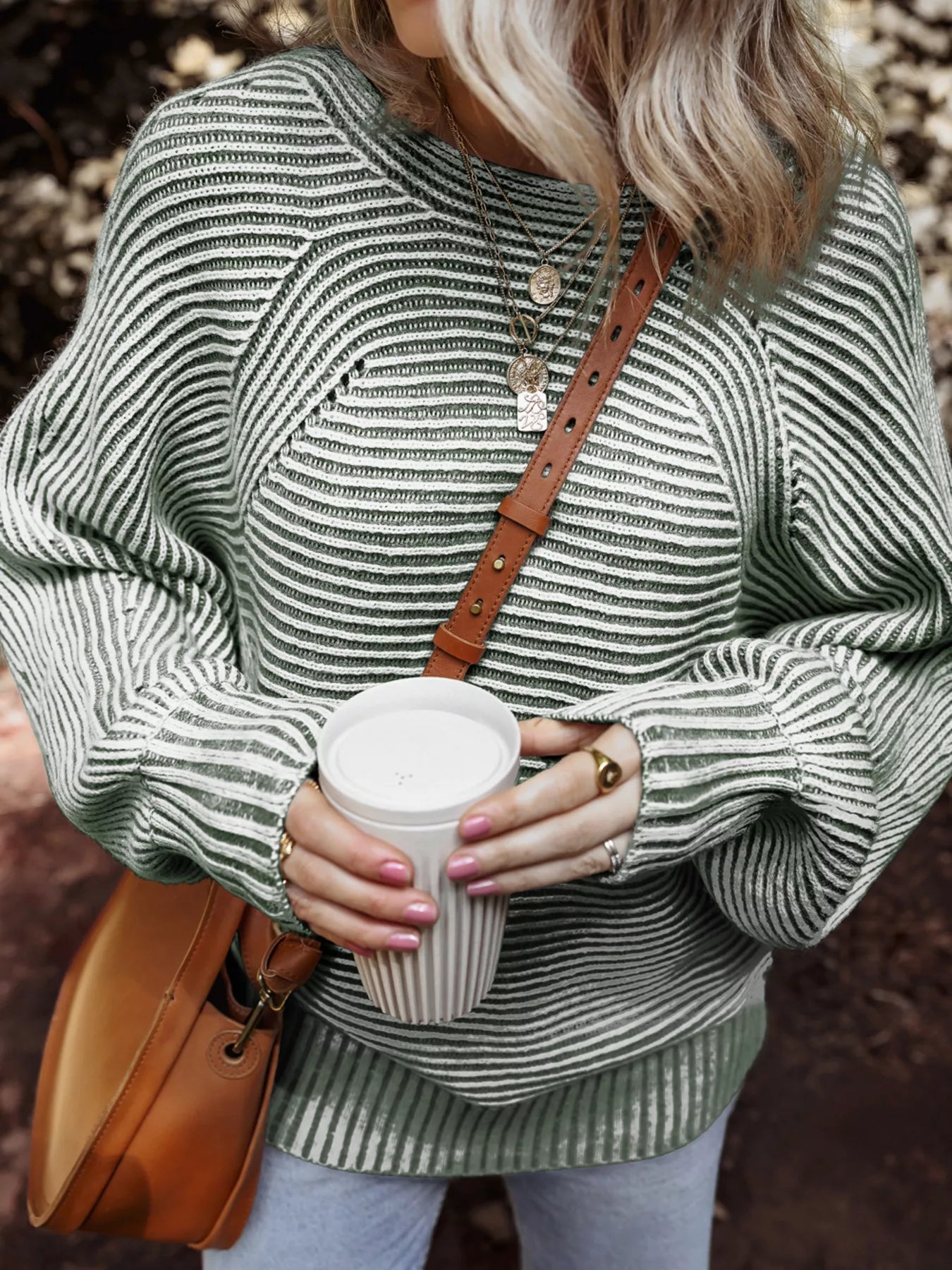 Striped Ribbed Knit Boat Neck Baggy Sweater OutfitFlow