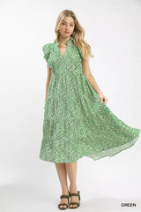 Umgee Leaf Print Tiered Midi Dress with Ruffle Detail OutfitFlow