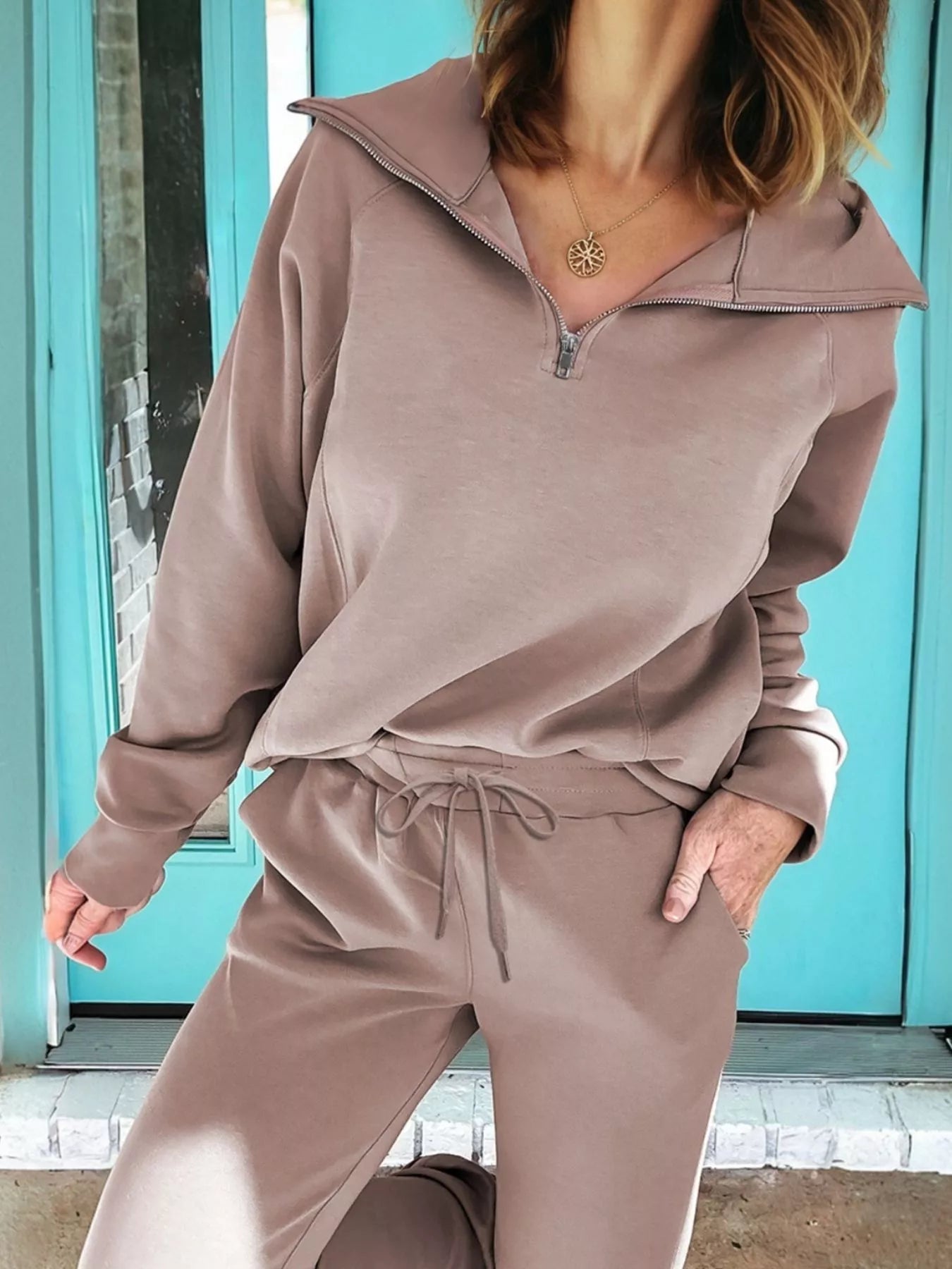 Zip Collar Long Sleeve Top and Drawstring Pants Set Taupe OutfitFlow