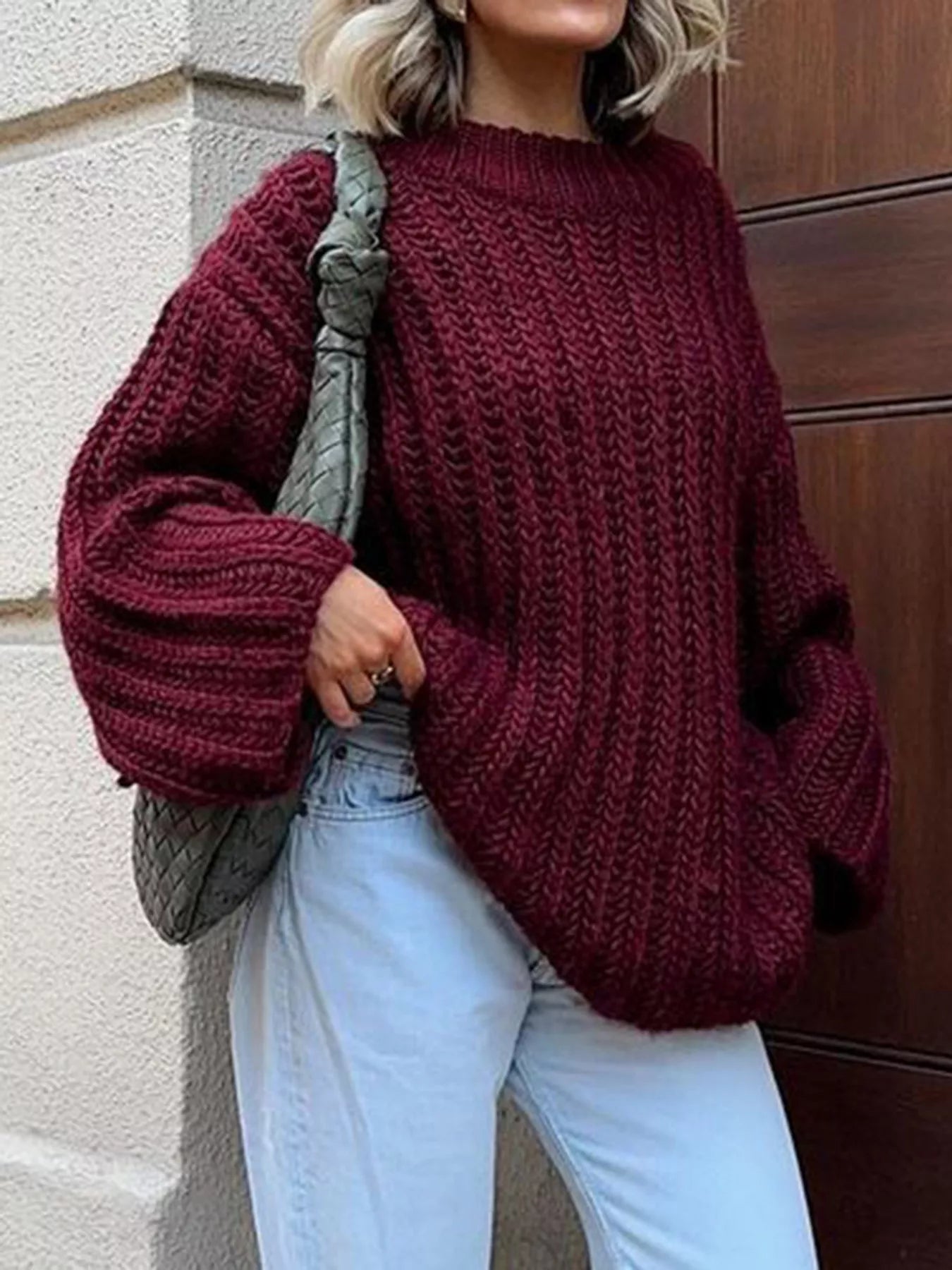 Oversized Chunky Knit Round Neck Sweater OutfitFlow