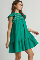 Umgee Full Size Smocked Contrast Stitching Ruffle Cap Sleeve Round Neck Dress Plus Size OutfitFlow