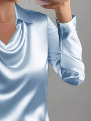 Satin Collared Neck Long Sleeve Blouse OutfitFlow