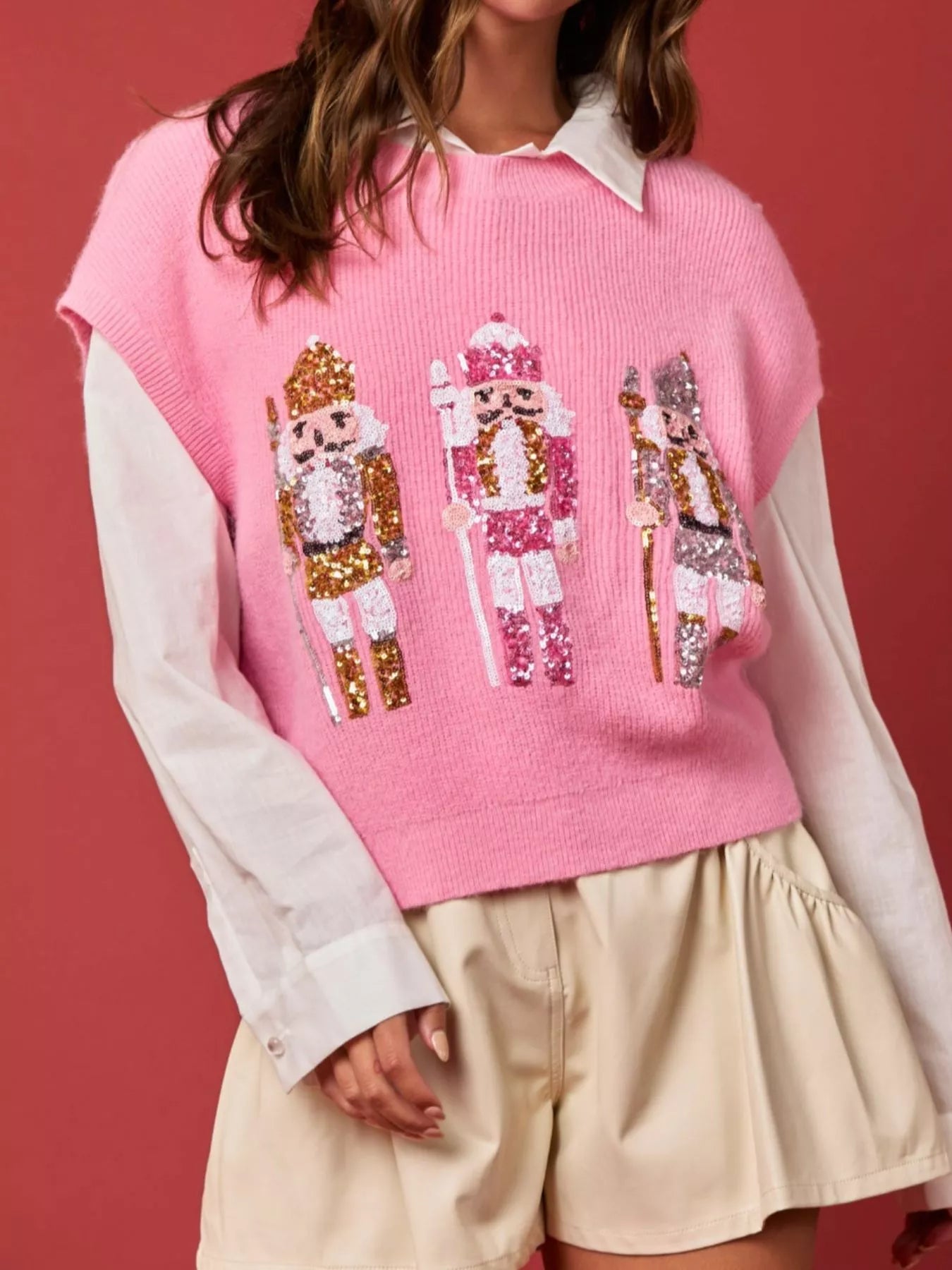 Christmas Sequin Round Neck Sweater Vest OutfitFlow