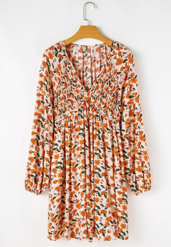 Smocked Printed V-Neck Long Sleeve Dress