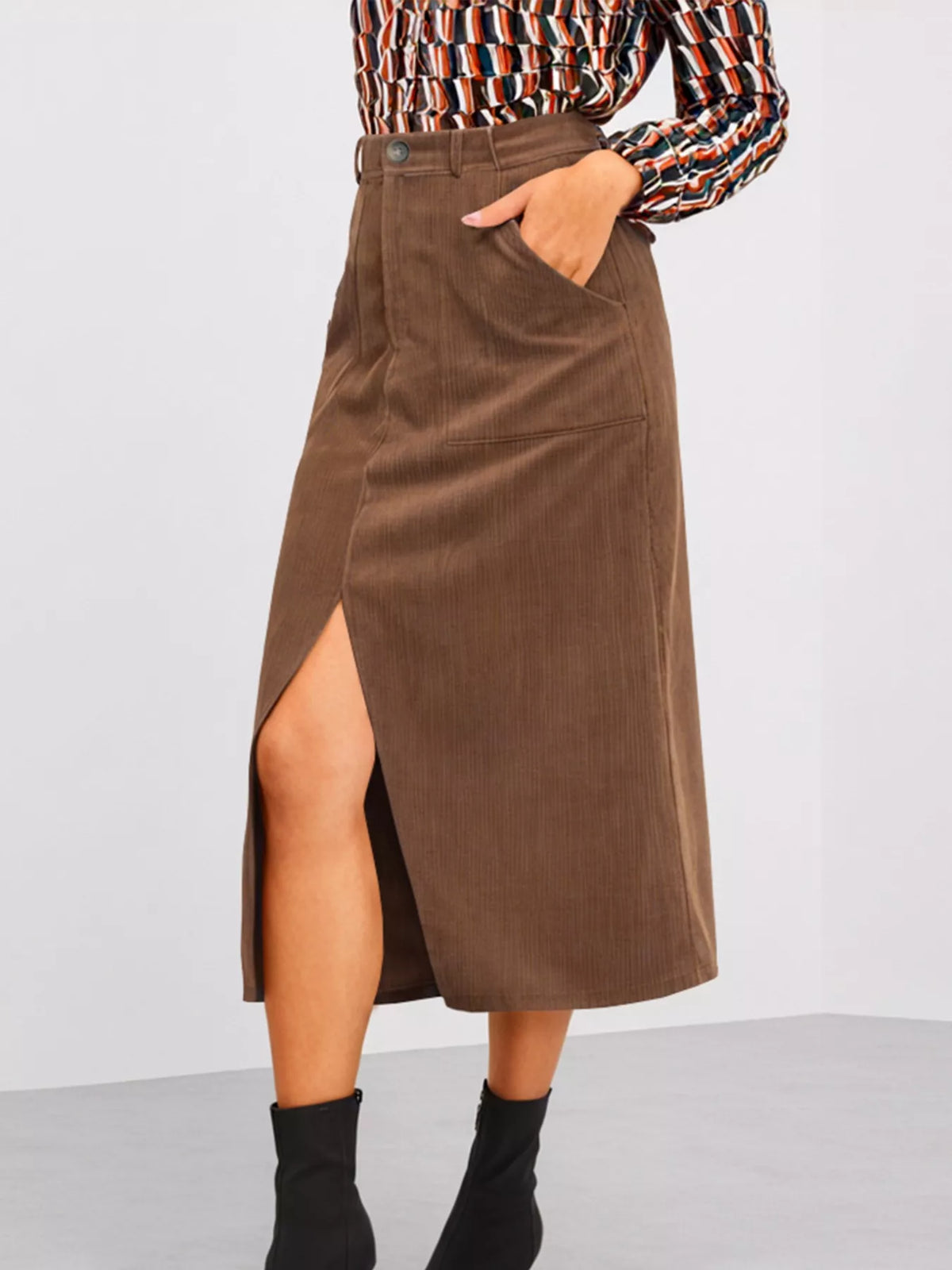 Front Slit Shift High Waist Midi Skirt Brown OutfitFlow