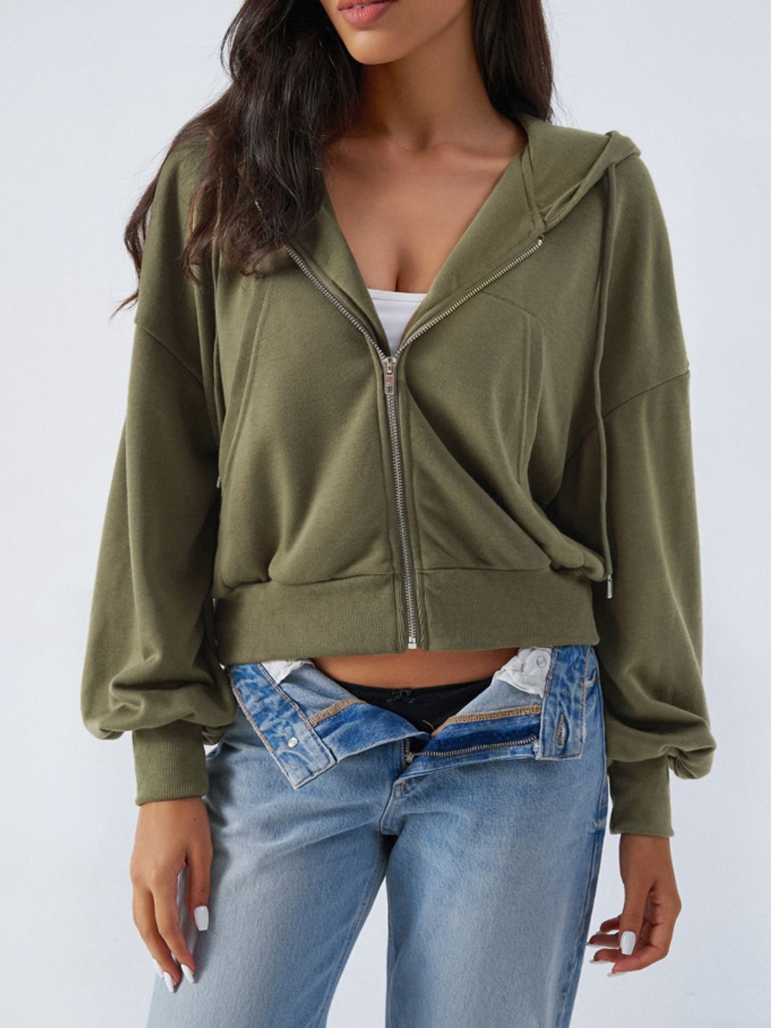 Outfit Flow - Devine Drawstring Zip Up Long Sleeve Hoodie