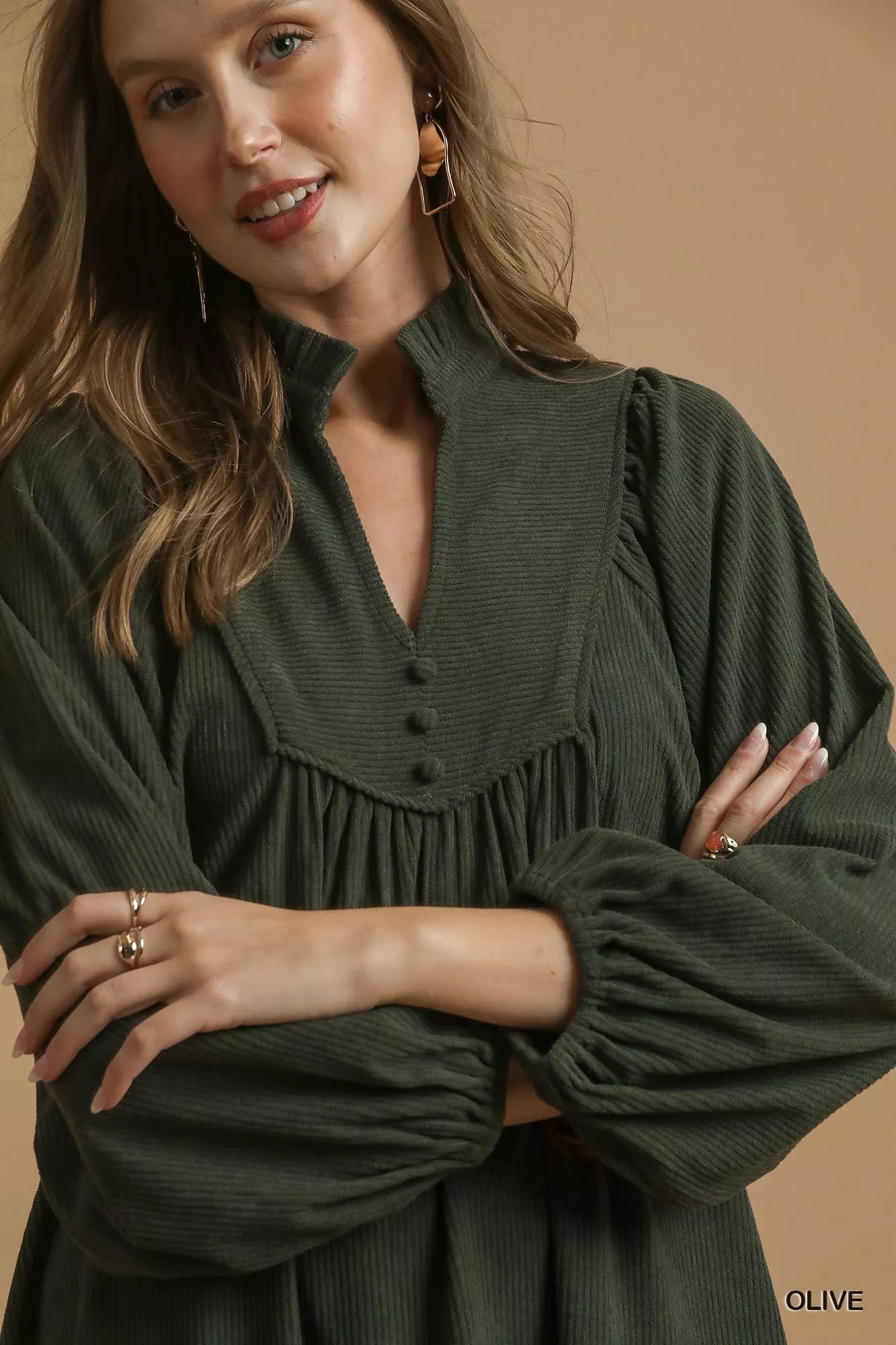 Umgee Corduroy Tiered Babydoll Dress OutfitFlow