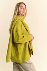 Davi & Dani V-Neck Dropped Shoulder Sweater with Scarf OutfitFlow