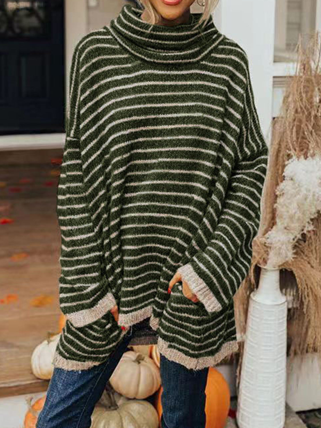 Striped Turtleneck Sweater with Pockets Dark Green OutfitFlow