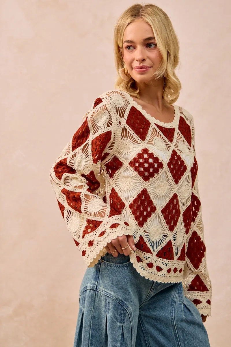 BiBi Diamond Crochet Knit Top OutfitFlow