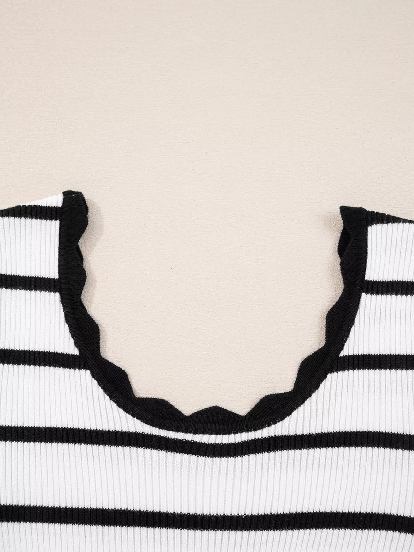 Scalloped Trim U Neck Striped Ribbed Slim Knit Top OutfitFlow