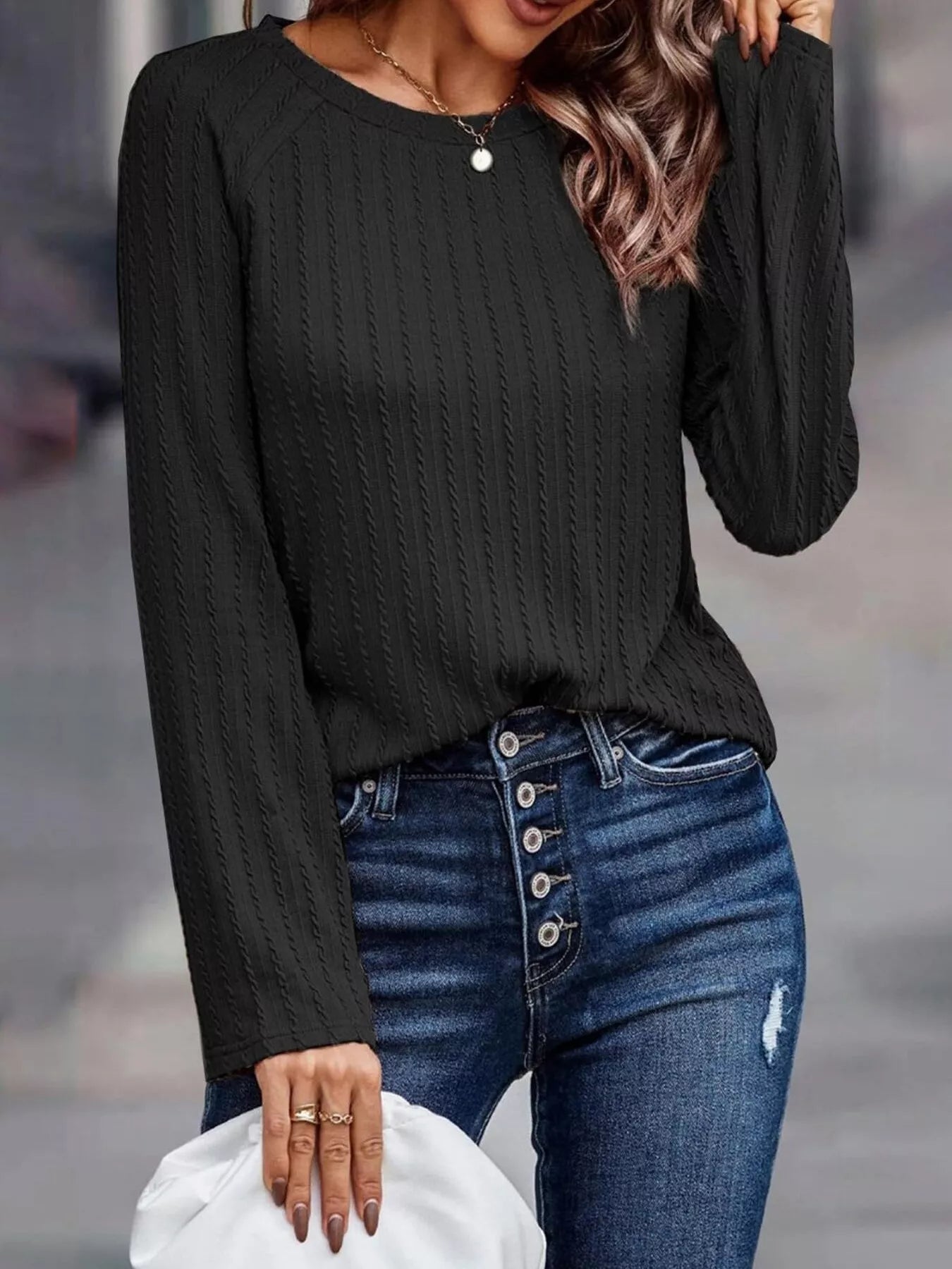 Textured Knit Long Sleeve T-Shirt Black OutfitFlow