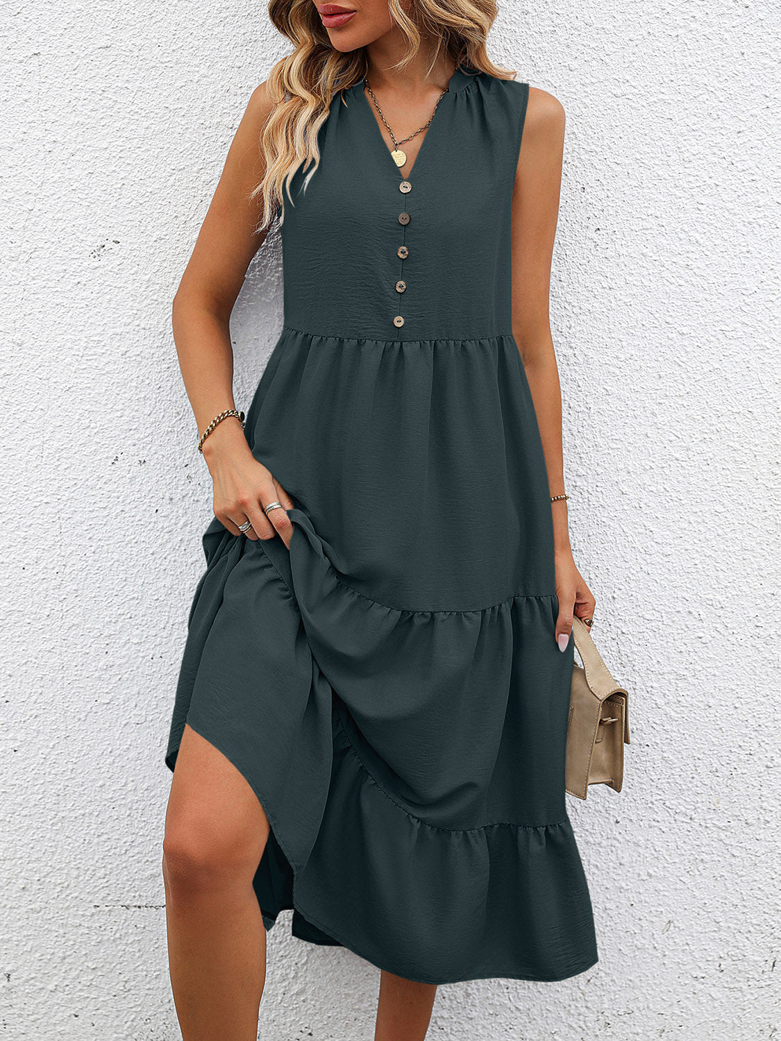 V-Neck Sleeveless Tiered Dress OutfitFlow