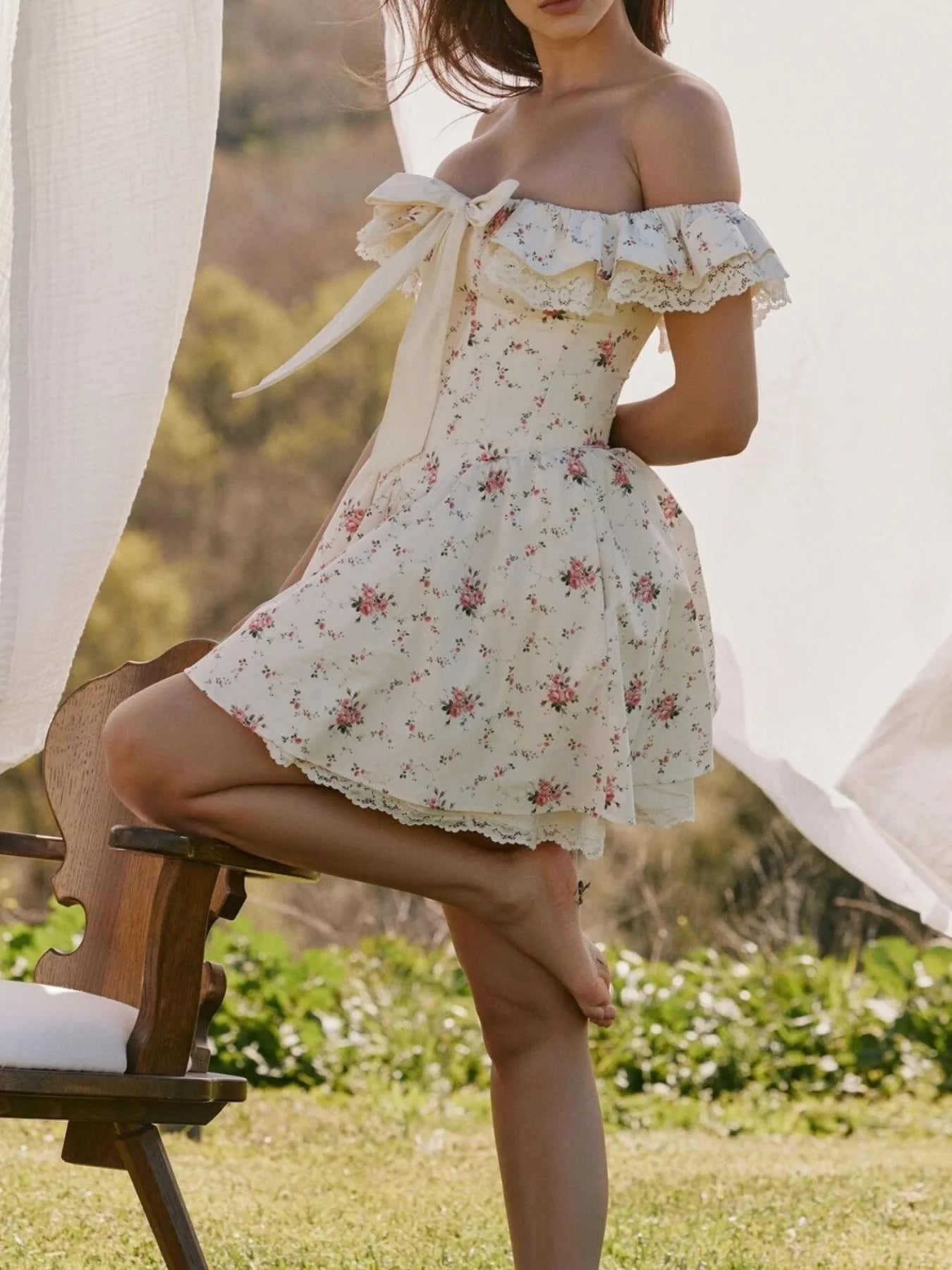 Off-Shoulder Floral Lace Trim Mini Dress OutfitFlow