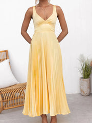 Pleated V-Neck Sleeveless Maxi Dress OutfitFlow