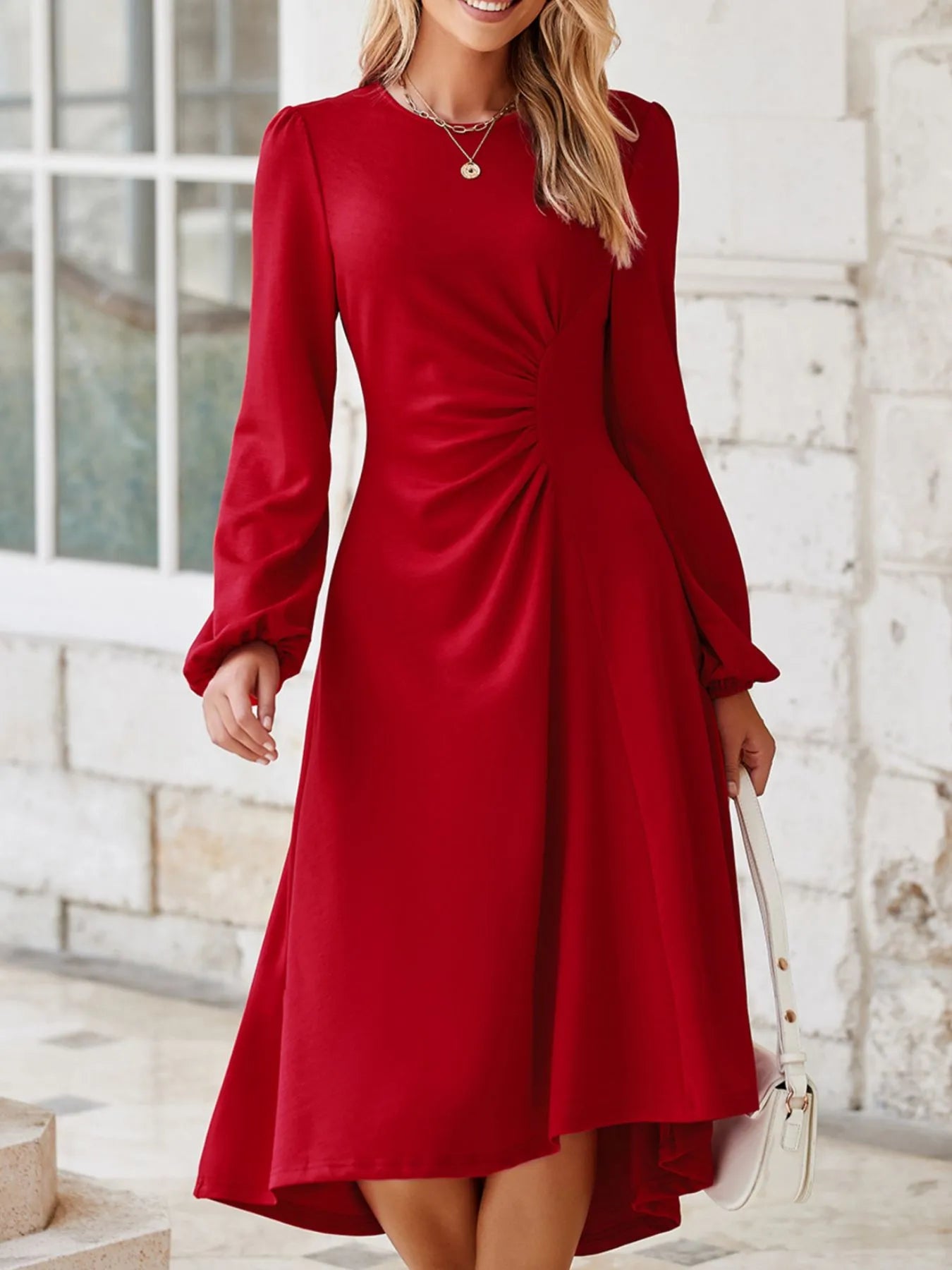 Solid Color Ruched Detail Long Sleeve Midi Dress Deep Red OutfitFlow