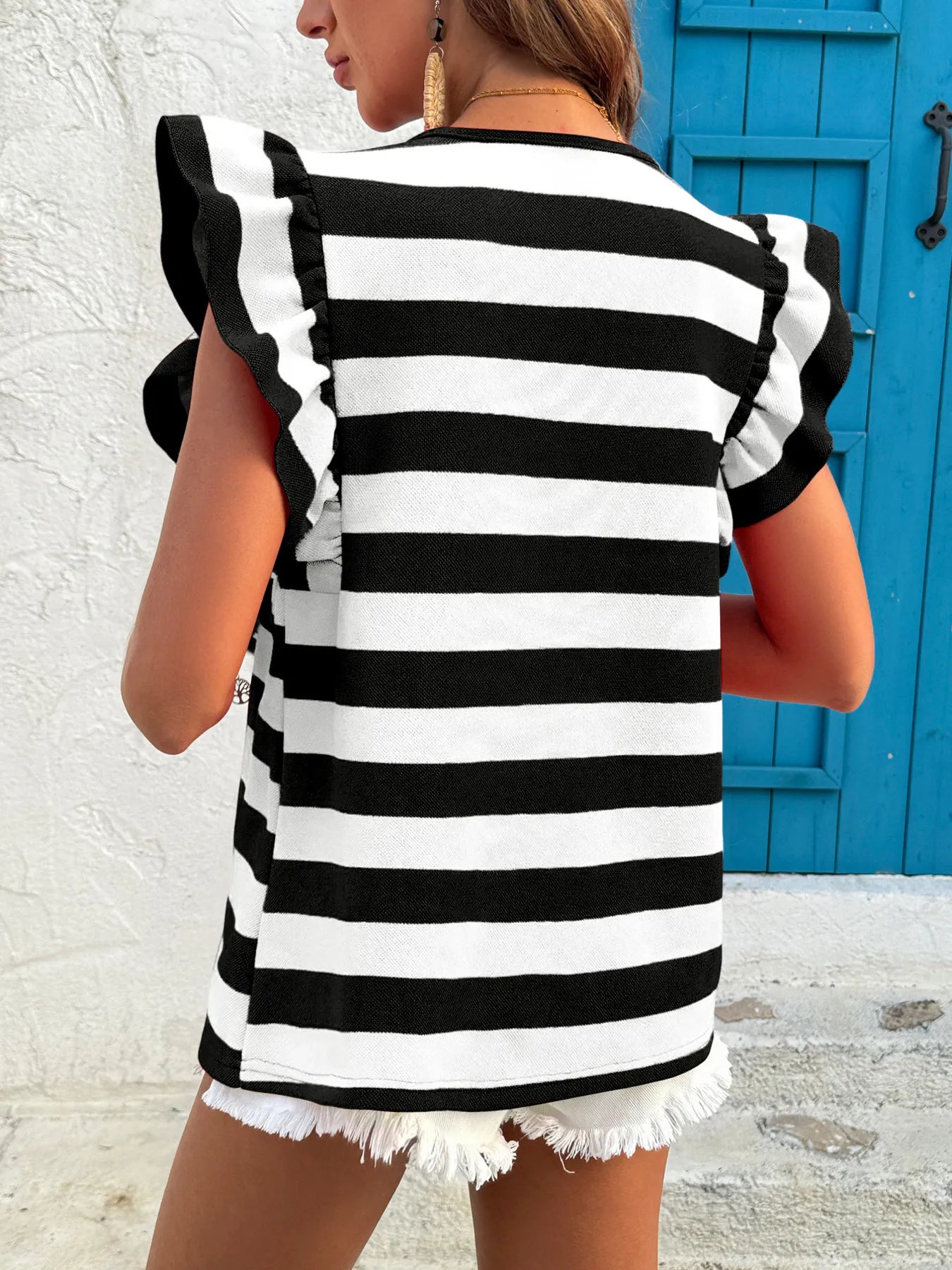 Contrast Striped Ruffle Sleeve T-Shirt OutfitFlow