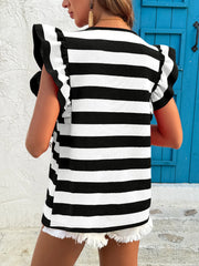 Contrast Striped Ruffle Sleeve T-Shirt OutfitFlow