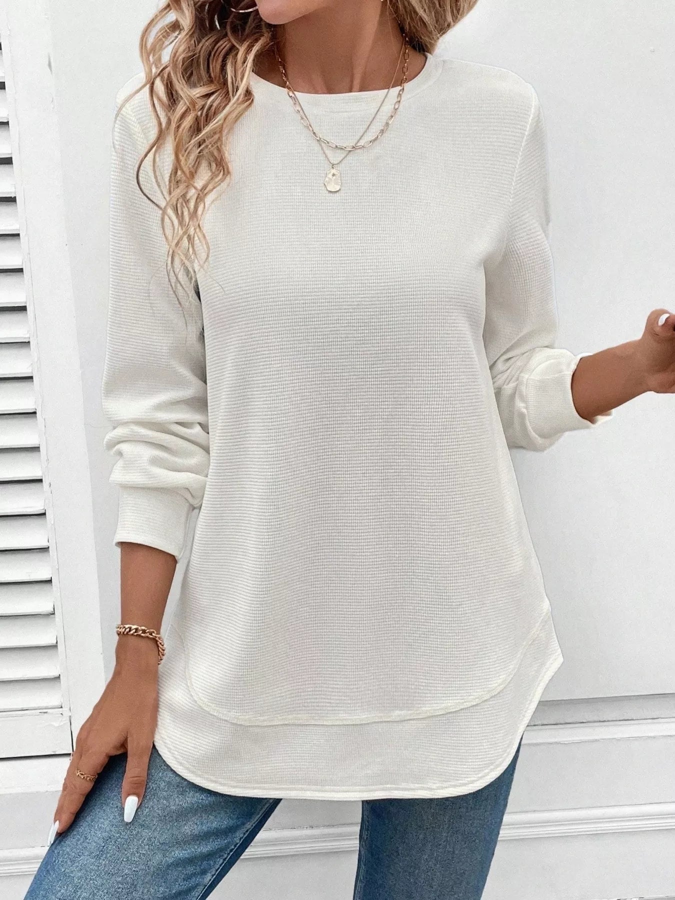 Casual Texture Knit Long Sleeve T-Shirt Trendsi