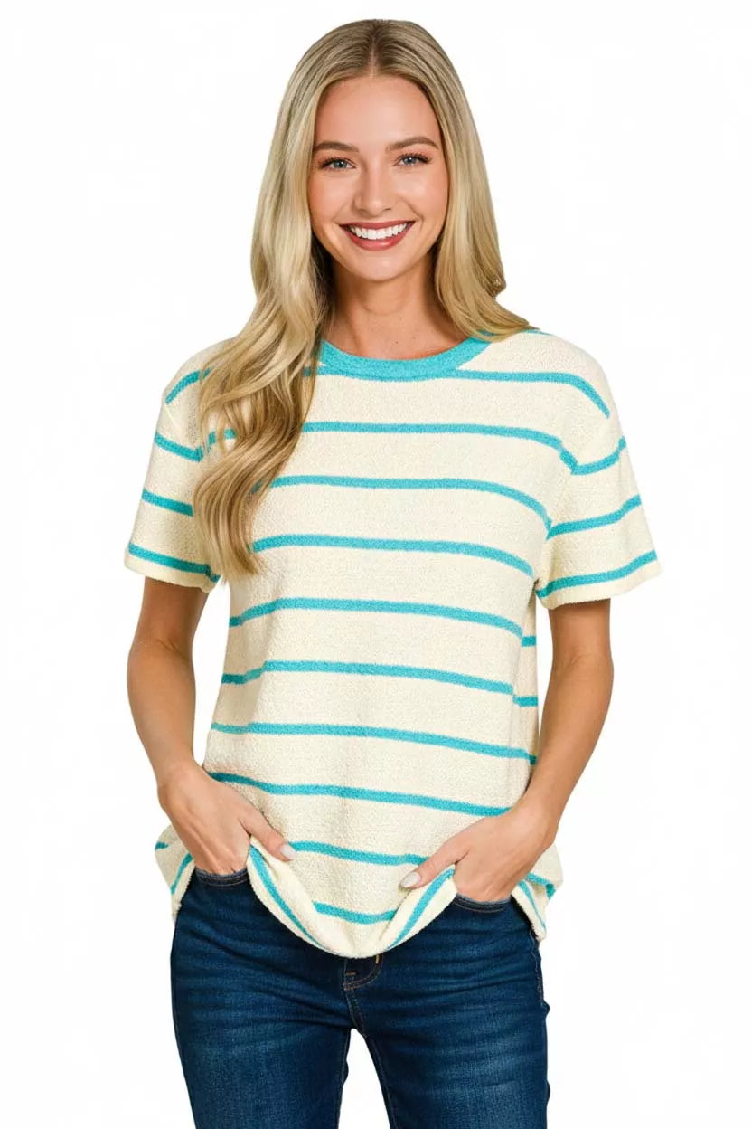 Zenana Textured Striped Crew Neck T-Shirt OutfitFlow