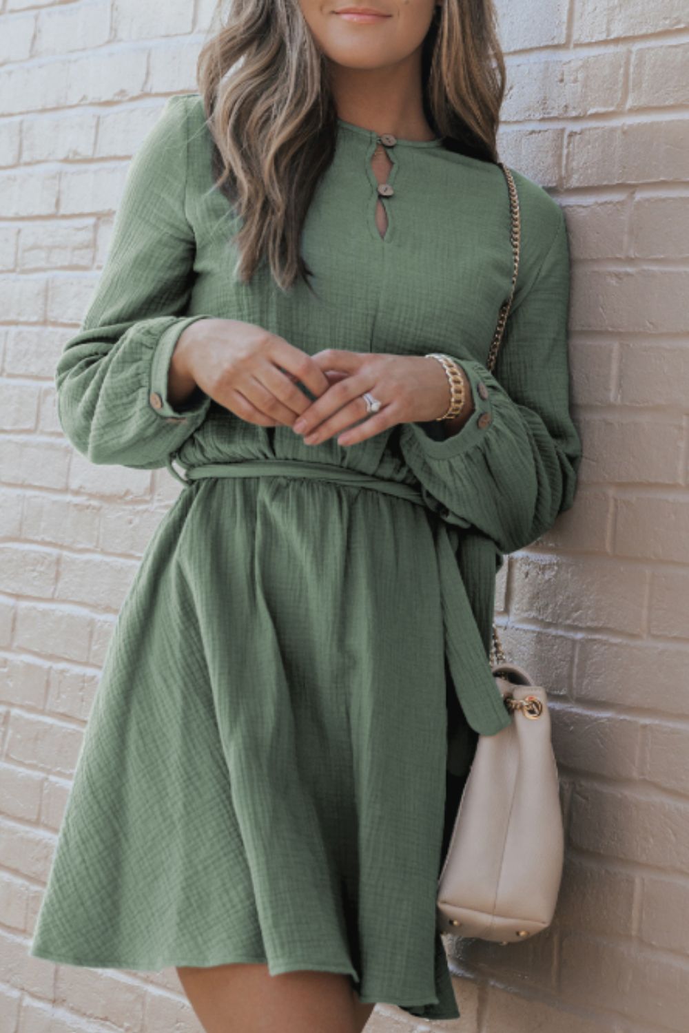 Outfit Flow - Round Neck Long Sleeve Tie Waist Dress