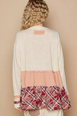 POL Round Neck Half Button Color Block Top with Merrow Edge Detail OutfitFlow