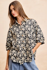 BiBi Floral Jacquard Short Dolman Sleeves Shirt OutfitFlow