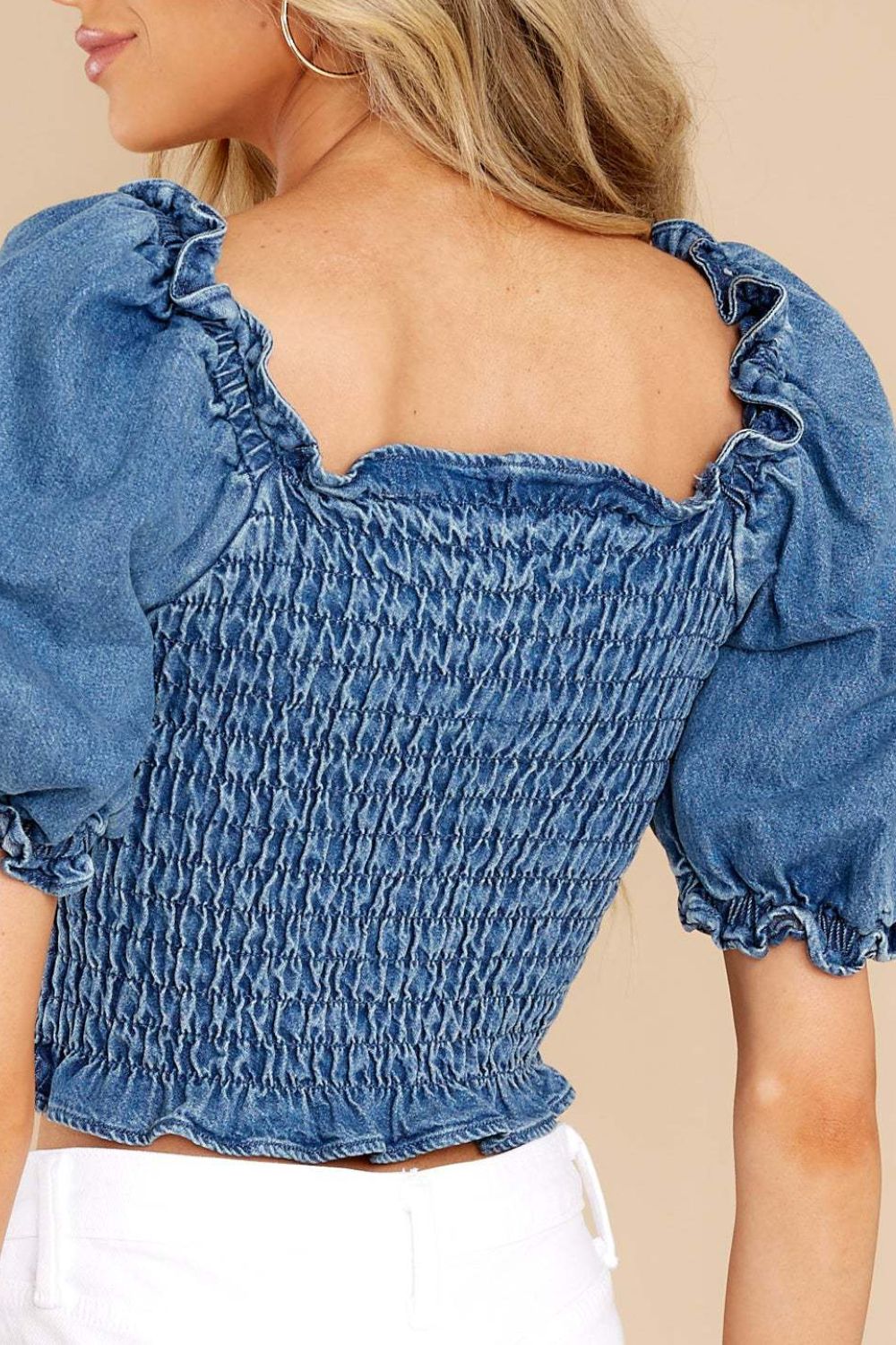 Puff Sleeve Smocked Cropped Denim Top OutfitFlow