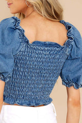 Puff Sleeve Smocked Cropped Denim Top OutfitFlow