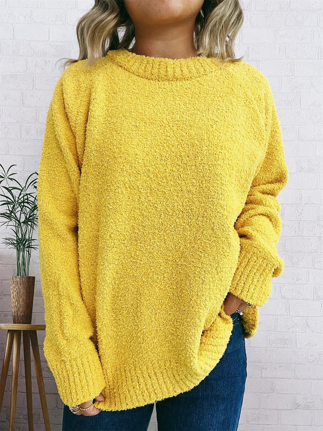 Round Neck Raglan Sleeve Sweater Yellow One Size OutfitFlow