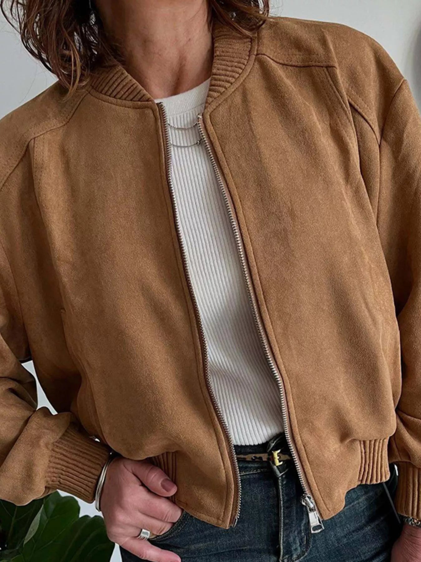 Zip Up Long Sleeve Jacket Brown OutfitFlow