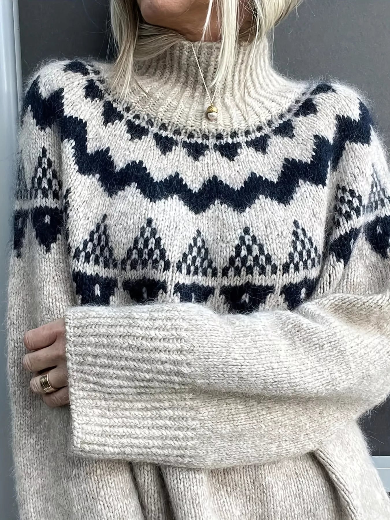 Nordic Pattern High Neck Sweater OutfitFlow