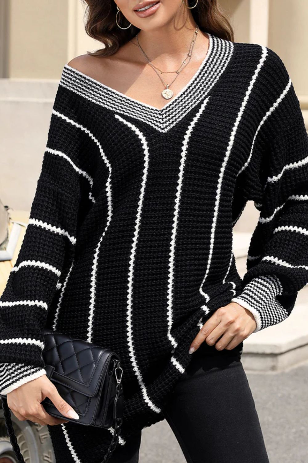 Outfit Flow - Striped V-Neck Long Sleeve Sweater