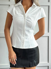 Button-Up Short Sleeve Shirt with Tie Back OutfitFlow